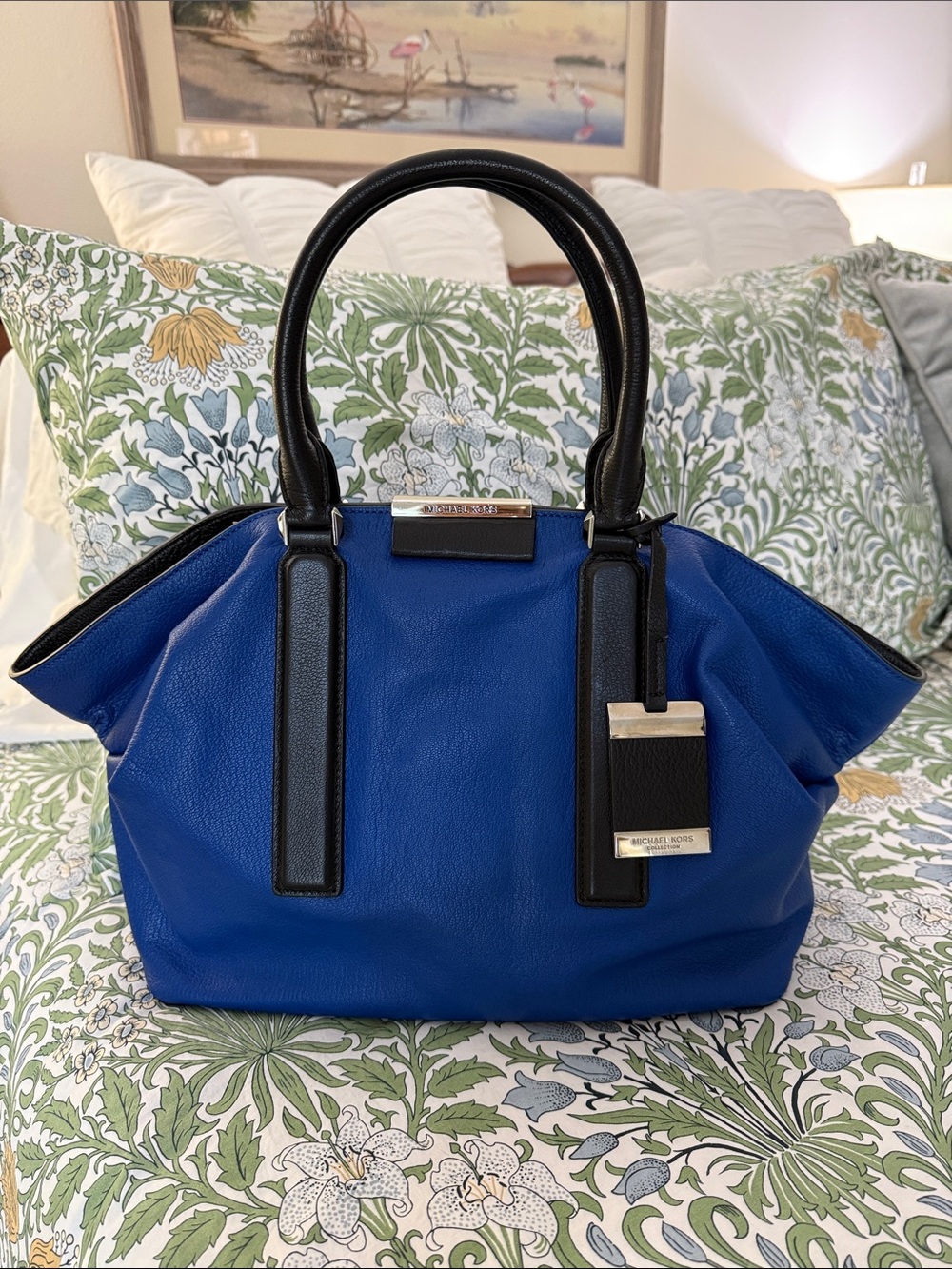 Michael Kors COLLECTION Royal Blue Large Leather Satchel with Black Trim